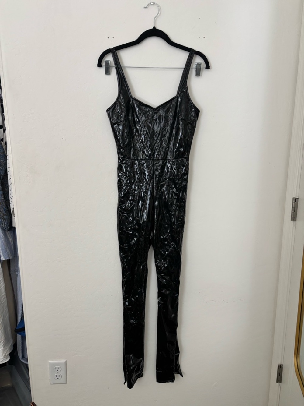 Oh Polly Black Faux Latex Jumpsuit Low Back Catsuit Size 2 Like New